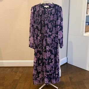 LOFT Black and Purple Floral Long Sleeve Dress